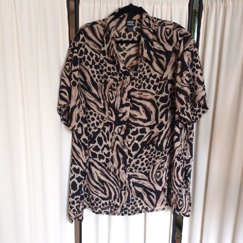 Vintage Jacque & Koko Black/Tan Button-front Tunic Length Shirt - Size 22/24